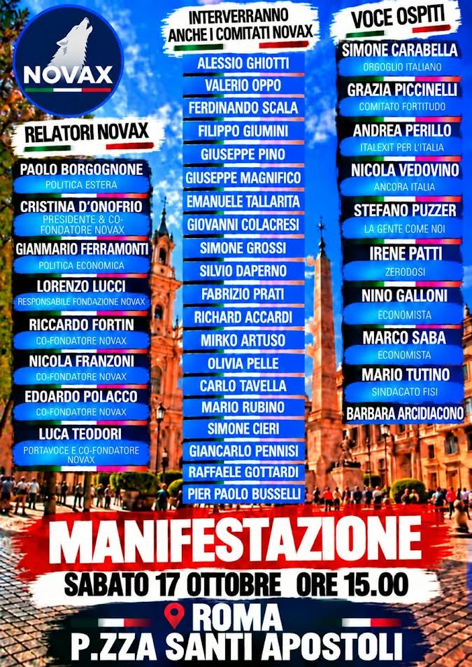 Roma, non solo CGIL: il 17 ottobre il popolo NOVAX scende in piazza e annuncia una nuova coalizione politica 3 0 3