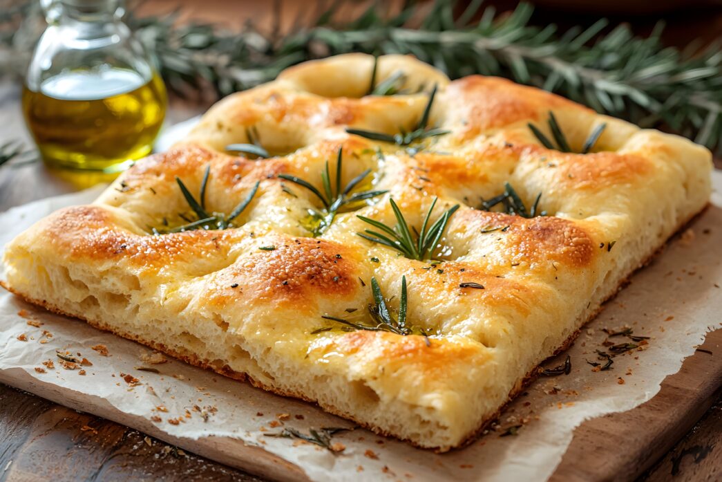freshly baked focaccia bread topped with rosemary olive oil