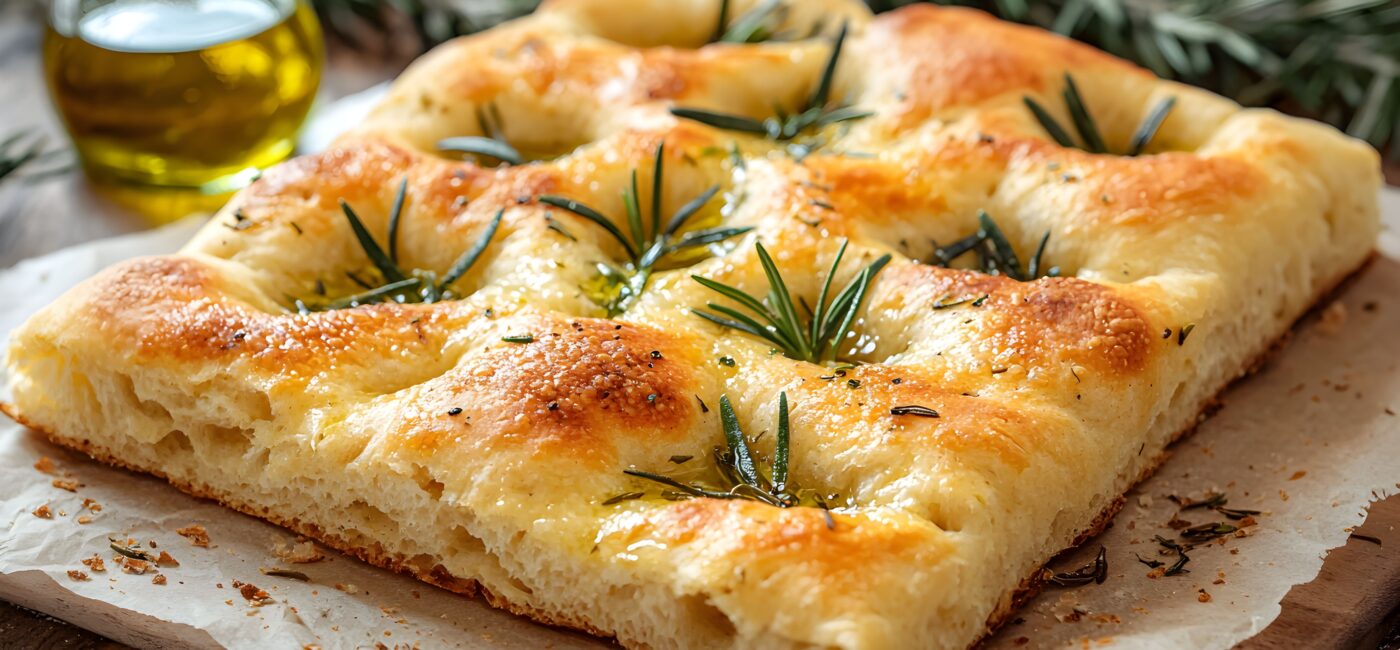 freshly baked focaccia bread topped with rosemary olive oil