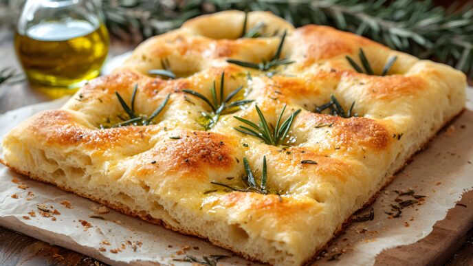 freshly baked focaccia bread topped with rosemary olive oil